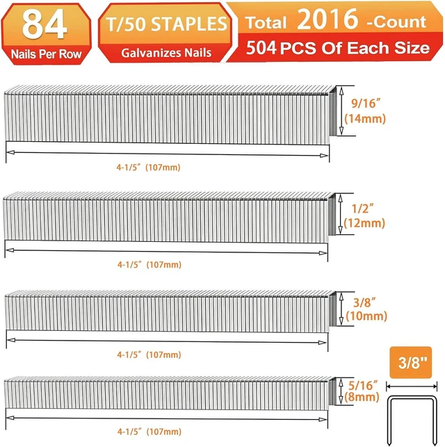 Alt view image 2 of 7 - 20 Gauge Galvanized T/50 Staples,5/16"+3/8"+1/2"+9/16":2016pcs