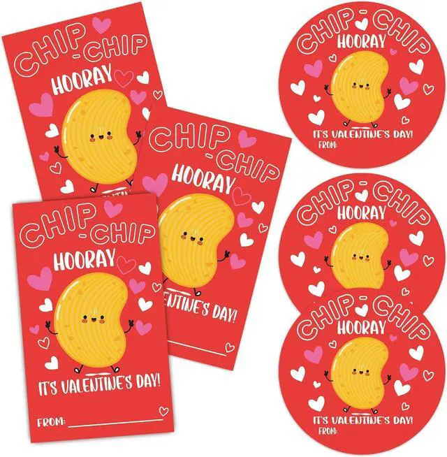 Main image of Happy Valentine's Day Sticker Set, Chips Kids Valentine Label, 40 Round Label & Rectangular Name Tags Stickers, Valentines Sticker Tags for Snacks Gift Wrapping Classroom Friends- A02