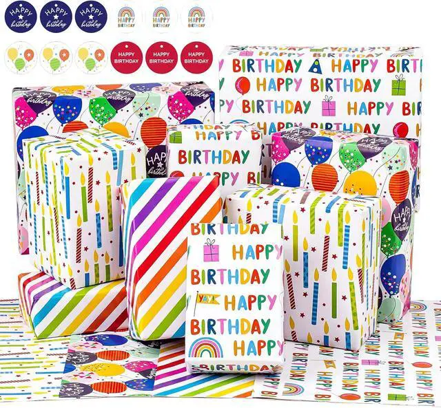 Alt view image 2 of 7 - WRAPAHOLIC Birthday Wrapping Paper Sheet - 12 Sheets Folded Flat with 12 Gift Tags for Party, Baby Shower - 19.7 Inch X 27.5 Inch Per Sheet