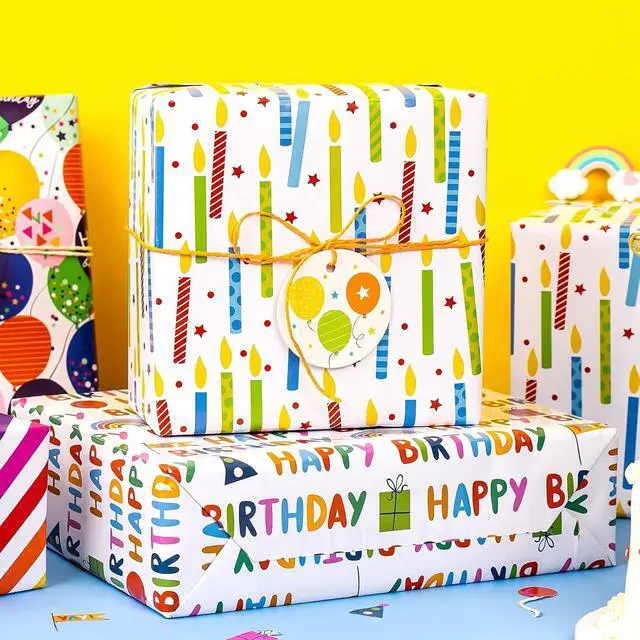 Alt view image 4 of 7 - WRAPAHOLIC Birthday Wrapping Paper Sheet - 12 Sheets Folded Flat with 12 Gift Tags for Party, Baby Shower - 19.7 Inch X 27.5 Inch Per Sheet