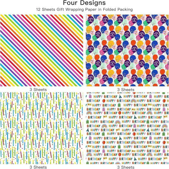 Alt view image 5 of 7 - WRAPAHOLIC Birthday Wrapping Paper Sheet - 12 Sheets Folded Flat with 12 Gift Tags for Party, Baby Shower - 19.7 Inch X 27.5 Inch Per Sheet