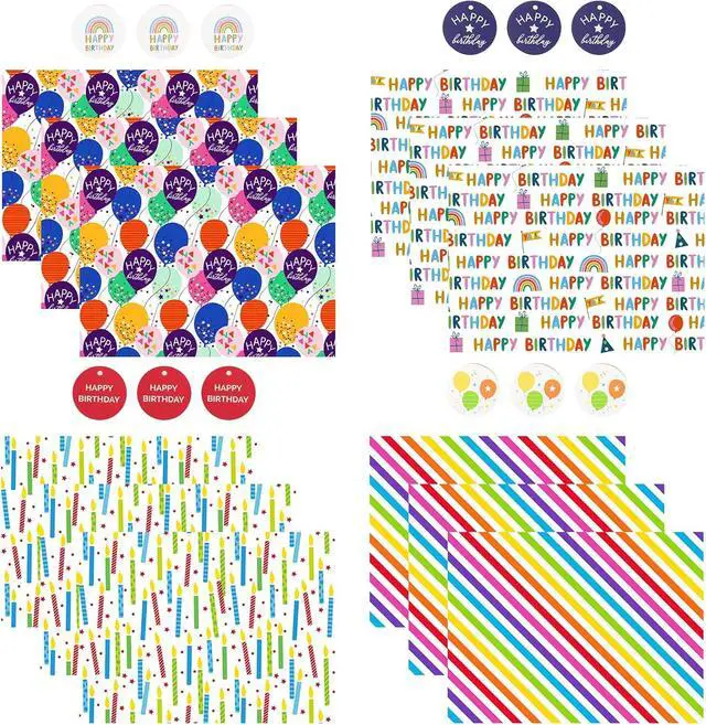 Alt view image 7 of 7 - WRAPAHOLIC Birthday Wrapping Paper Sheet - 12 Sheets Folded Flat with 12 Gift Tags for Party, Baby Shower - 19.7 Inch X 27.5 Inch Per Sheet