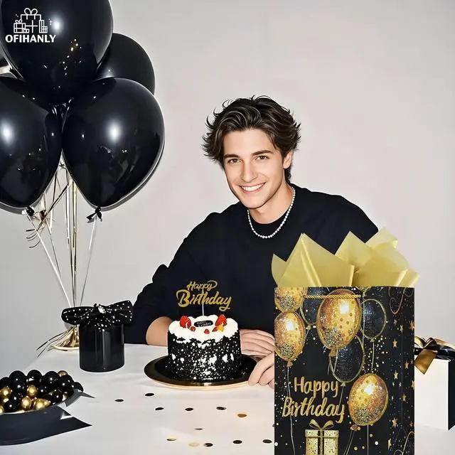 Alt view image 4 of 5 - OFIHANLY 12.6" Medium Size Happy Birthday Gift Bag with Handles for Women Men Kids Baby Boy Girls Black&Gold Glitter Paper Gift Wrap Bags with Tissue Paper,1Pcs