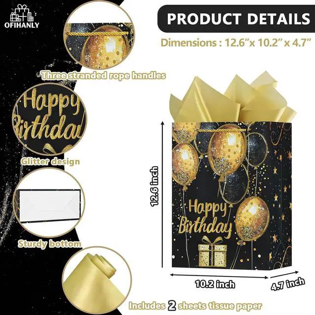 Alt view image 2 of 5 - OFIHANLY 12.6" Medium Size Happy Birthday Gift Bag with Handles for Women Men Kids Baby Boy Girls Black&Gold Glitter Paper Gift Wrap Bags with Tissue Paper,1Pcs