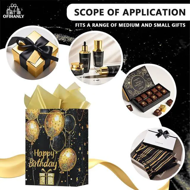 Alt view image 3 of 5 - OFIHANLY 12.6" Medium Size Happy Birthday Gift Bag with Handles for Women Men Kids Baby Boy Girls Black&Gold Glitter Paper Gift Wrap Bags with Tissue Paper,1Pcs