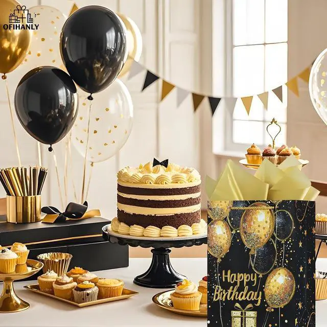 Alt view image 5 of 5 - OFIHANLY 12.6" Medium Size Happy Birthday Gift Bag with Handles for Women Men Kids Baby Boy Girls Black&Gold Glitter Paper Gift Wrap Bags with Tissue Paper,1Pcs