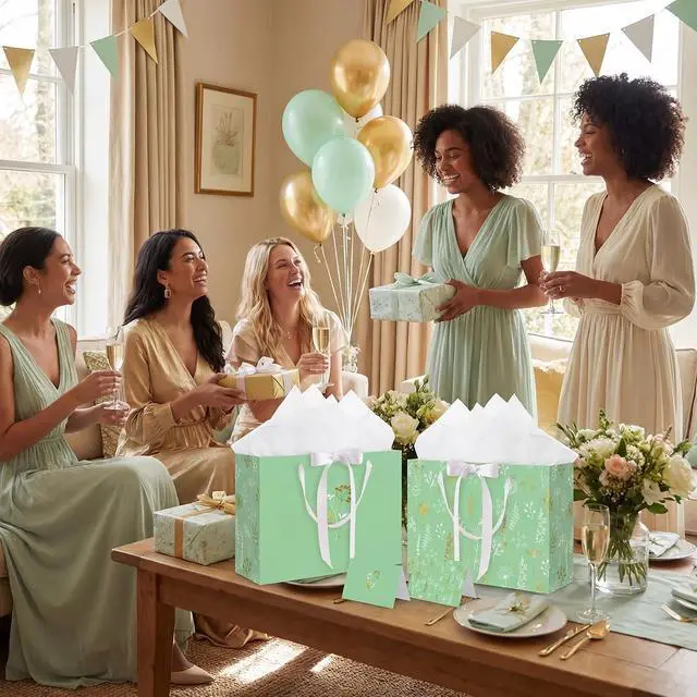 Alt view image 6 of 7 - woric 13.7" Sage Green Gift Bags for Women, 2 Pcs Gift Bag with Handles