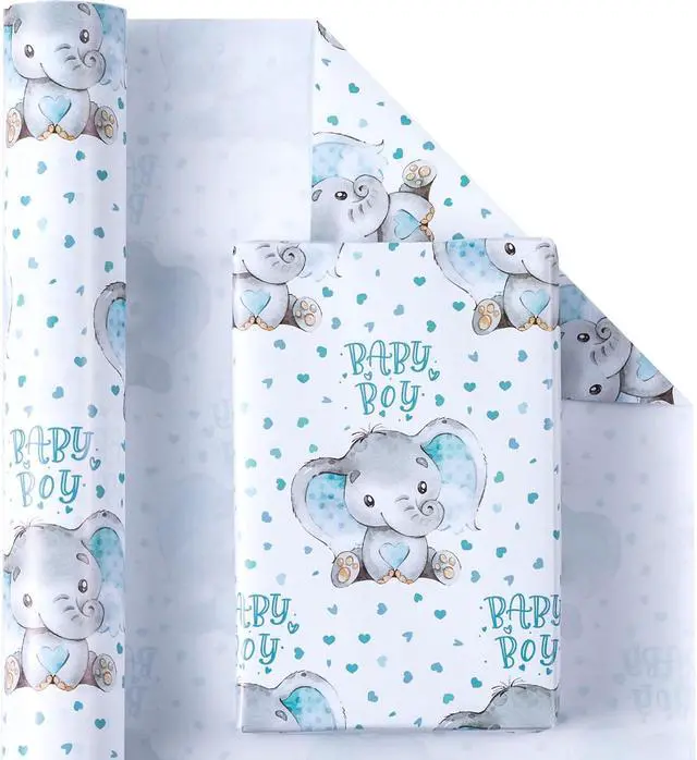 Alt view image 2 of 7 - WRAPAHOLIC Baby Boy Wrapping Paper - Mini Roll - 17 Inch X 33 Feet - Adorable Blue Elephant Design for Baby Shower, Party, Holiday