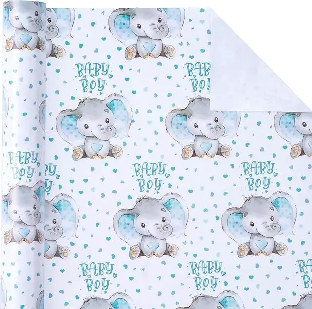Alt view image 3 of 7 - WRAPAHOLIC Baby Boy Wrapping Paper - Mini Roll - 17 Inch X 33 Feet - Adorable Blue Elephant Design for Baby Shower, Party, Holiday