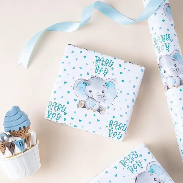 Alt view image 4 of 7 - WRAPAHOLIC Baby Boy Wrapping Paper - Mini Roll - 17 Inch X 33 Feet - Adorable Blue Elephant Design for Baby Shower, Party, Holiday