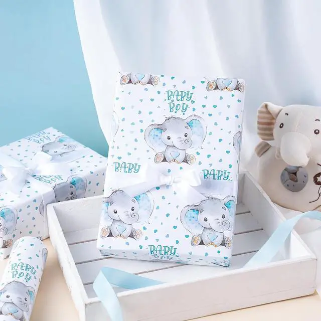 Alt view image 5 of 7 - WRAPAHOLIC Baby Boy Wrapping Paper - Mini Roll - 17 Inch X 33 Feet - Adorable Blue Elephant Design for Baby Shower, Party, Holiday