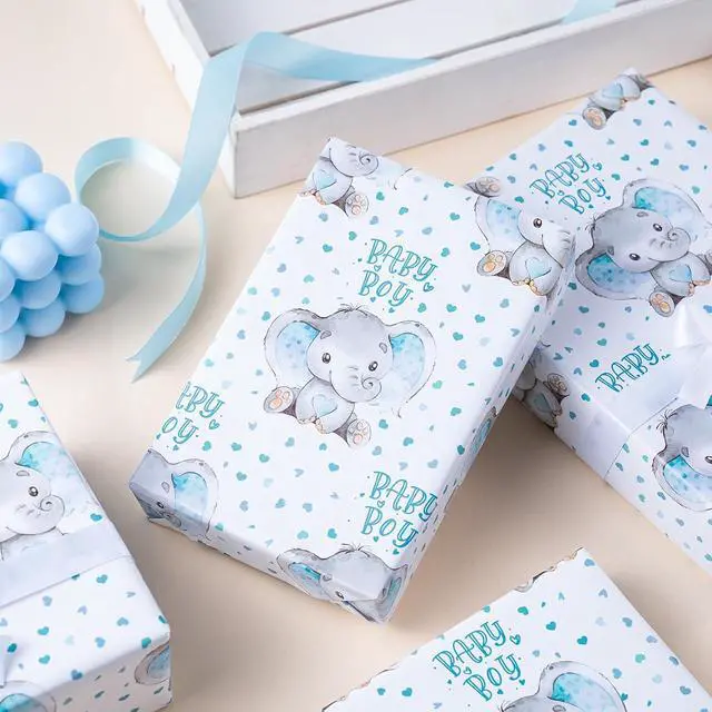 Alt view image 6 of 7 - WRAPAHOLIC Baby Boy Wrapping Paper - Mini Roll - 17 Inch X 33 Feet - Adorable Blue Elephant Design for Baby Shower, Party, Holiday