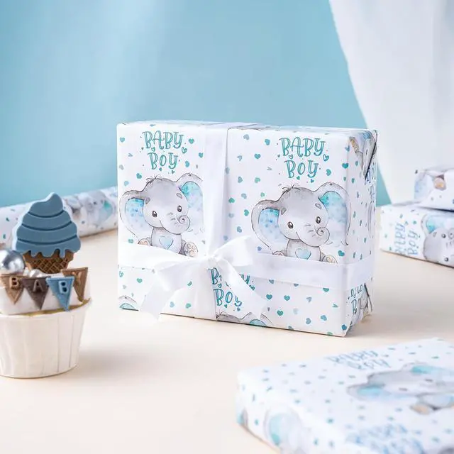 Alt view image 7 of 7 - WRAPAHOLIC Baby Boy Wrapping Paper - Mini Roll - 17 Inch X 33 Feet - Adorable Blue Elephant Design for Baby Shower, Party, Holiday
