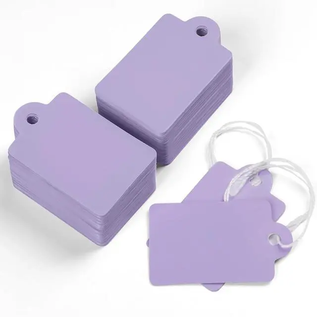 Main image of Uniclife 200 Pcs Price Tags with String Attached 1 3/8" x 7/8" Writable Purple Hang Tags String Tag for Pricing Clothing Jewelry Price Display Labels Blank Merchandise Marking Paper Tag