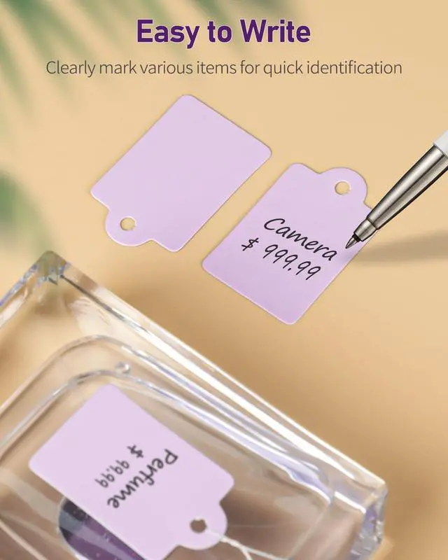 Alt view image 5 of 7 - Uniclife 200 Pcs Price Tags with String Attached 1 3/8" x 7/8" Writable Purple Hang Tags String Tag for Pricing Clothing Jewelry Price Display Labels Blank Merchandise Marking Paper Tag