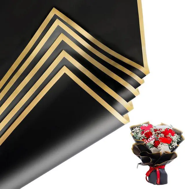 Main image of Duyasurs 20 Sheets Floral Wrapping Paper, Waterproof Bouquet Wrapping, 22.8x22.8IN, Florist Supplies Packaging Paper, DIY Gift Box, Wedding & Birthday Gifts, Gold Edge (Black)