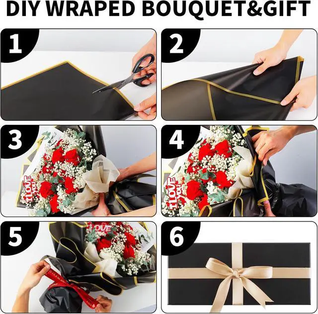Alt view image 6 of 6 - Duyasurs 20 Sheets Floral Wrapping Paper, Waterproof Bouquet Wrapping, 22.8x22.8IN, Florist Supplies Packaging Paper, DIY Gift Box, Wedding & Birthday Gifts, Gold Edge (Black)