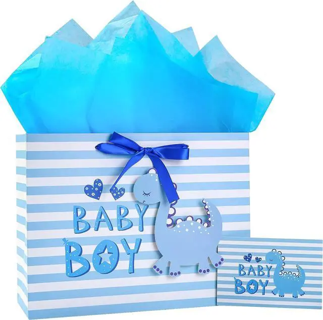 Main image of Loveinside Baby Boy Gift Bag Blue Dinosaur Design with Tissue Paper and Greeting Card for Baby Shower, New Parents, and More - 13" x 10" x 5", 1 Pcs