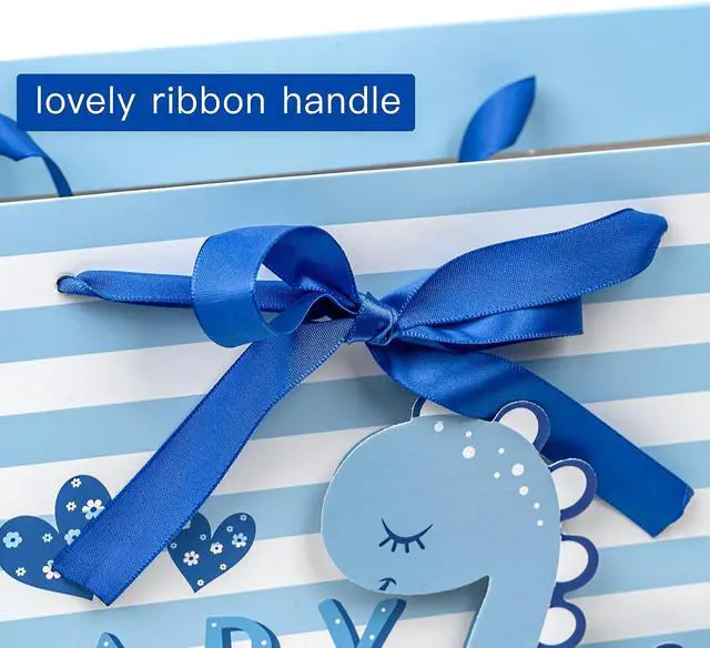 Alt view image 4 of 7 - Loveinside Baby Boy Gift Bag Blue Dinosaur Design with Tissue Paper and Greeting Card for Baby Shower, New Parents, and More - 13" x 10" x 5", 1 Pcs