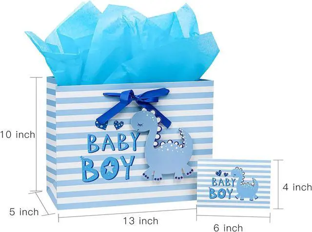 Alt view image 6 of 7 - Loveinside Baby Boy Gift Bag Blue Dinosaur Design with Tissue Paper and Greeting Card for Baby Shower, New Parents, and More - 13" x 10" x 5", 1 Pcs