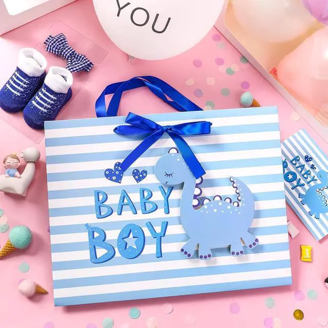 Alt view image 7 of 7 - Loveinside Baby Boy Gift Bag Blue Dinosaur Design with Tissue Paper and Greeting Card for Baby Shower, New Parents, and More - 13" x 10" x 5", 1 Pcs