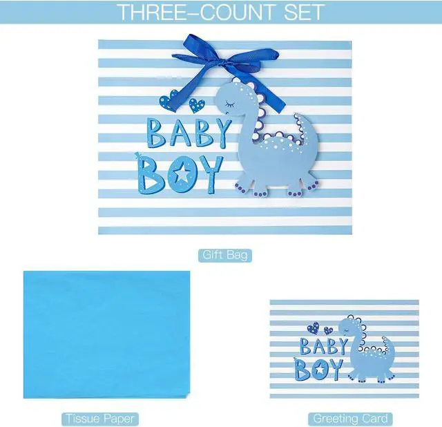 Alt view image 3 of 7 - Loveinside Baby Boy Gift Bag Blue Dinosaur Design with Tissue Paper and Greeting Card for Baby Shower, New Parents, and More - 13" x 10" x 5", 1 Pcs