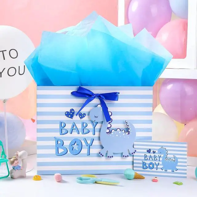 Alt view image 2 of 7 - Loveinside Baby Boy Gift Bag Blue Dinosaur Design with Tissue Paper and Greeting Card for Baby Shower, New Parents, and More - 13" x 10" x 5", 1 Pcs
