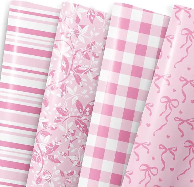 Main image of MotiGiftie Pink Wrapping Paper Sheet - 8 Sheets Folded Flat Gift Wrap with Cute Ribbon Bow, Pink Plaid, Stripes and Leaves Design for Girl Baby Shower, Birthday, Wedding - 20 X 28 Inch Per Sheet