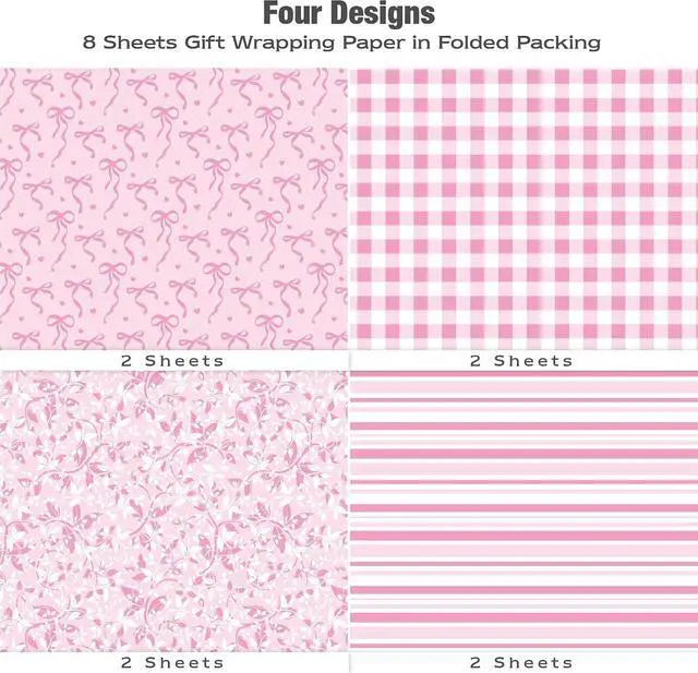 Alt view image 3 of 7 - MotiGiftie Pink Wrapping Paper Sheet - 8 Sheets Folded Flat Gift Wrap with Cute Ribbon Bow, Pink Plaid, Stripes and Leaves Design for Girl Baby Shower, Birthday, Wedding - 20 X 28 Inch Per Sheet