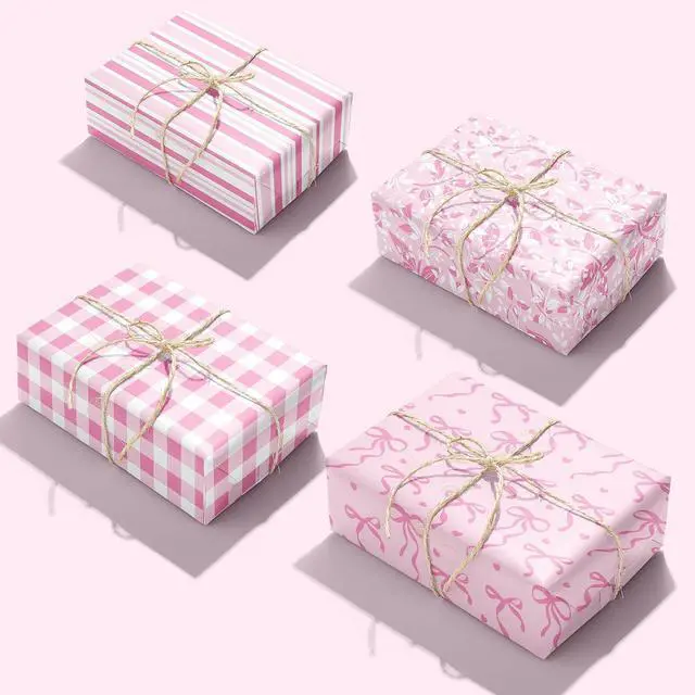 Alt view image 4 of 7 - MotiGiftie Pink Wrapping Paper Sheet - 8 Sheets Folded Flat Gift Wrap with Cute Ribbon Bow, Pink Plaid, Stripes and Leaves Design for Girl Baby Shower, Birthday, Wedding - 20 X 28 Inch Per Sheet
