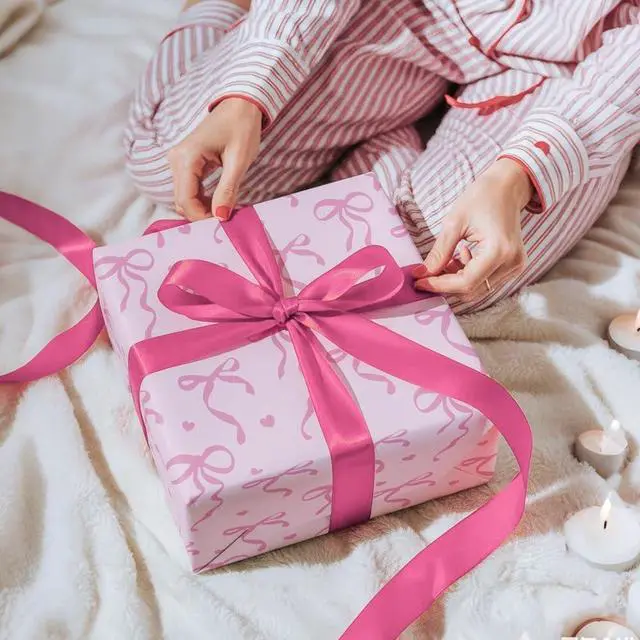 Alt view image 6 of 7 - MotiGiftie Pink Wrapping Paper Sheet - 8 Sheets Folded Flat Gift Wrap with Cute Ribbon Bow, Pink Plaid, Stripes and Leaves Design for Girl Baby Shower, Birthday, Wedding - 20 X 28 Inch Per Sheet
