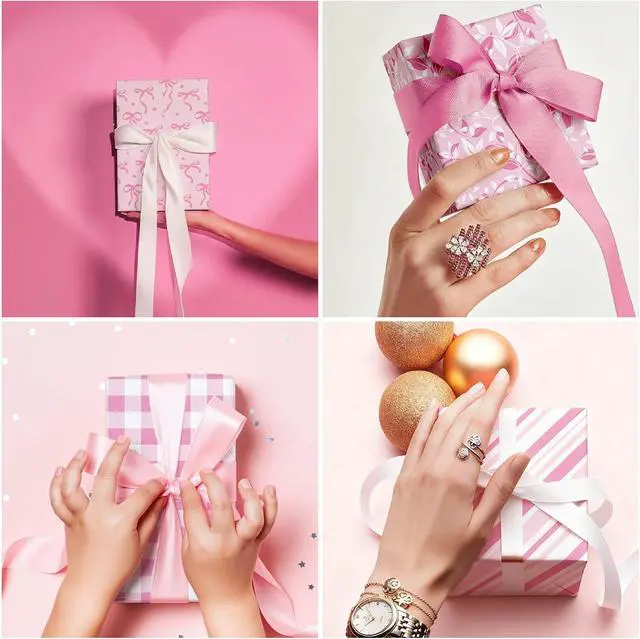 Alt view image 7 of 7 - MotiGiftie Pink Wrapping Paper Sheet - 8 Sheets Folded Flat Gift Wrap with Cute Ribbon Bow, Pink Plaid, Stripes and Leaves Design for Girl Baby Shower, Birthday, Wedding - 20 X 28 Inch Per Sheet