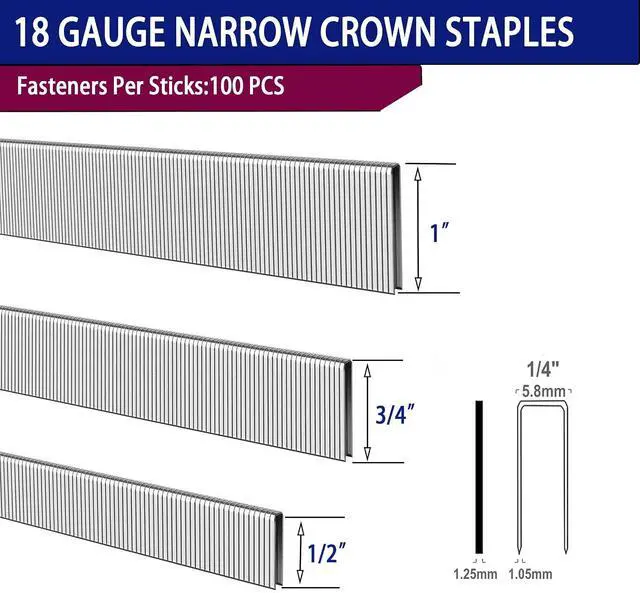 Alt view image 2 of 7 - HW HAMWOO 18 Gauge 1800PCS,1/4" Narrow Crown Staples (1/2"- 400; 3/4"- 400; 1"- 400) and Brad Nails (5/8"-300,3/4"-300), Suitable for Most Brand of 18 Gauge Stapler