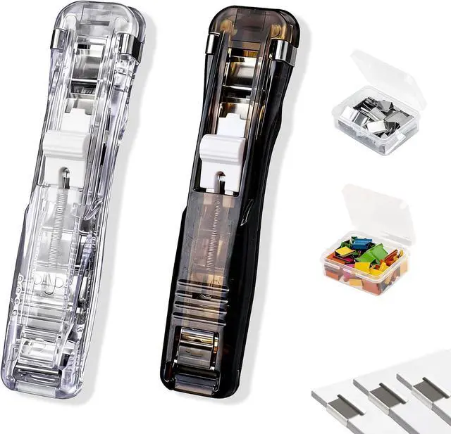 Main image of Portable Binder Clip Stapler, 2 Pack Damage-Free & No-Hole Paper Clamp Dispenser with 100 Metal Clips, Handheld Stapleless Stapler for Office Home School Document Organization