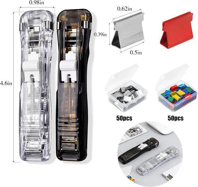 Alt view image 2 of 6 - Portable Binder Clip Stapler, 2 Pack Damage-Free & No-Hole Paper Clamp Dispenser with 100 Metal Clips, Handheld Stapleless Stapler for Office Home School Document Organization