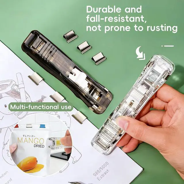 Alt view image 6 of 6 - Portable Binder Clip Stapler, 2 Pack Damage-Free & No-Hole Paper Clamp Dispenser with 100 Metal Clips, Handheld Stapleless Stapler for Office Home School Document Organization