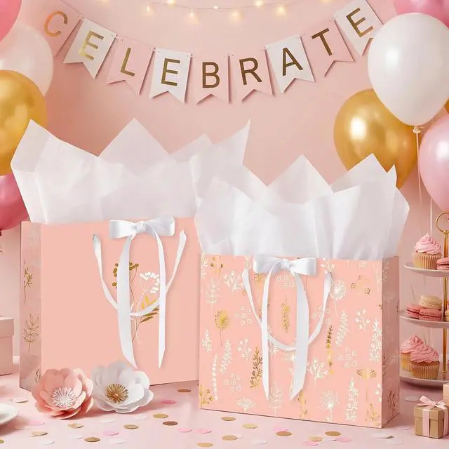 Alt view image 4 of 7 - woric 13.7" Pink Gift Bags Set of 2, Large Birthday Gift Bags for Women