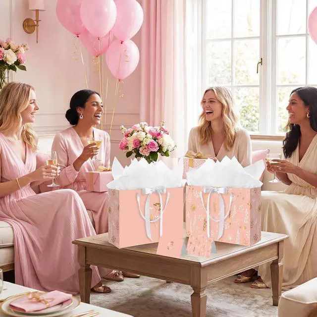 Alt view image 6 of 7 - woric 13.7" Pink Gift Bags Set of 2, Large Birthday Gift Bags for Women