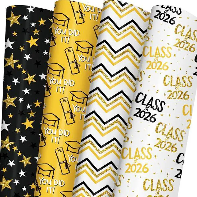 Main image of WAPLIGHAL Graduation Wrapping Paper for Class of 2026 - Graduation Caps, Diplomas, Stars and You Did It in Black, Gold Color - Gift Wrap for Birthday, Baby Shower, Holiday