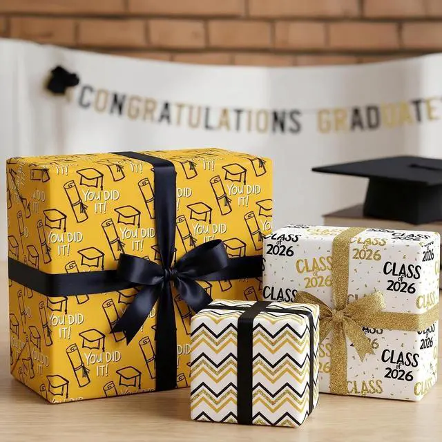 Alt view image 4 of 7 - WAPLIGHAL Graduation Wrapping Paper for Class of 2026 - Graduation Caps, Diplomas, Stars and You Did It in Black, Gold Color - Gift Wrap for Birthday, Baby Shower, Holiday