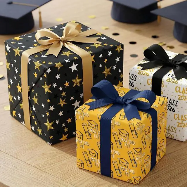 Alt view image 7 of 7 - WAPLIGHAL Graduation Wrapping Paper for Class of 2026 - Graduation Caps, Diplomas, Stars and You Did It in Black, Gold Color - Gift Wrap for Birthday, Baby Shower, Holiday
