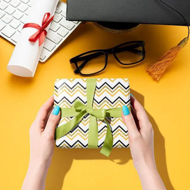 Alt view image 6 of 7 - WAPLIGHAL Graduation Wrapping Paper for Class of 2026 - Graduation Caps, Diplomas, Stars and You Did It in Black, Gold Color - Gift Wrap for Birthday, Baby Shower, Holiday