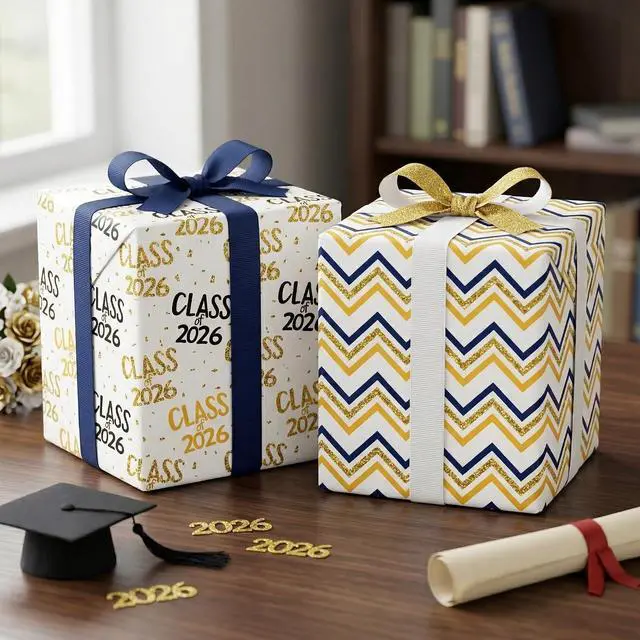 Alt view image 5 of 7 - WAPLIGHAL Graduation Wrapping Paper for Class of 2026 - Graduation Caps, Diplomas, Stars and You Did It in Black, Gold Color - Gift Wrap for Birthday, Baby Shower, Holiday