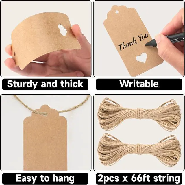 Alt view image 3 of 7 - G2PLUS 100PCS Blank Gift Tags with String, Kraft Paper Hangtags, 3.7x1.8 in