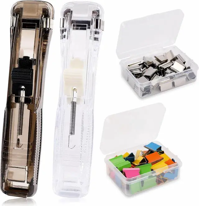 Main image of 2 Pcs Portable Handheld Paper Clam Clip Dispenser with 100 Pcs Paper Clam Clip Refills Mini Push Stapler Dispenser Papers Clamps for Fixing Documents