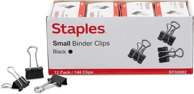 Main image of Staples Binder Clips, Small Size, 0.38" Capacity, Black, 144 Pack Compact Clips for Documents, Notes & Office Use