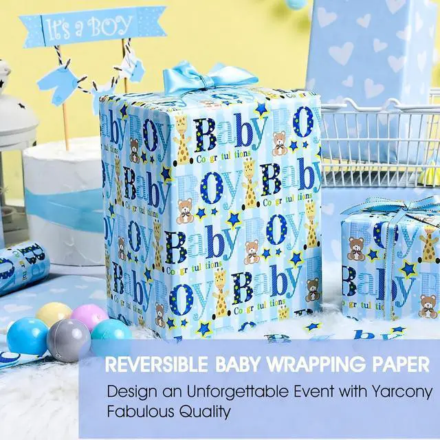 Alt view image 2 of 7 - Yarcony Boy Baby Shower Wrapping Paper - 17 Inch X 33 Feet - Reversible Cute Blue Baby Boy Animal Heart Theme Newborn Gift Wrap Paper for 1st Birthday, Baby Shower, Children's Christening, New Mommy