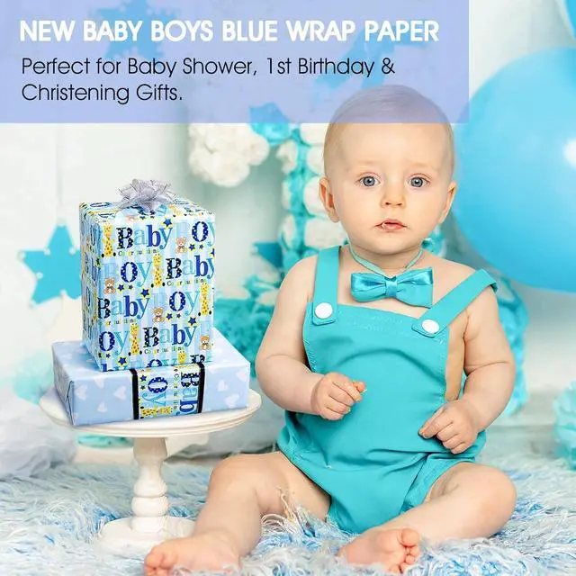 Alt view image 5 of 7 - Yarcony Boy Baby Shower Wrapping Paper - 17 Inch X 33 Feet - Reversible Cute Blue Baby Boy Animal Heart Theme Newborn Gift Wrap Paper for 1st Birthday, Baby Shower, Children's Christening, New Mommy