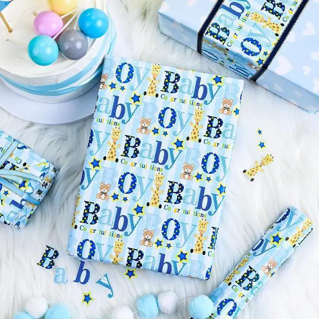 Alt view image 3 of 7 - Yarcony Boy Baby Shower Wrapping Paper - 17 Inch X 33 Feet - Reversible Cute Blue Baby Boy Animal Heart Theme Newborn Gift Wrap Paper for 1st Birthday, Baby Shower, Children's Christening, New Mommy