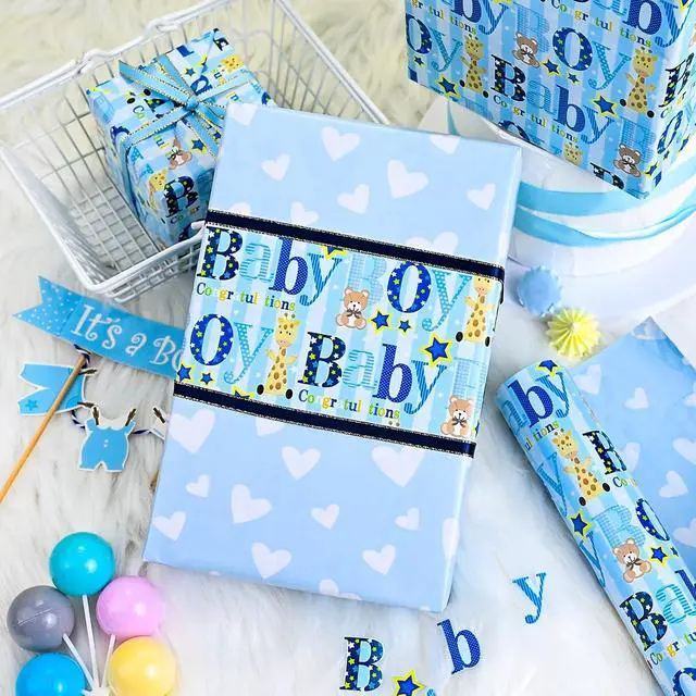 Alt view image 6 of 7 - Yarcony Boy Baby Shower Wrapping Paper - 17 Inch X 33 Feet - Reversible Cute Blue Baby Boy Animal Heart Theme Newborn Gift Wrap Paper for 1st Birthday, Baby Shower, Children's Christening, New Mommy